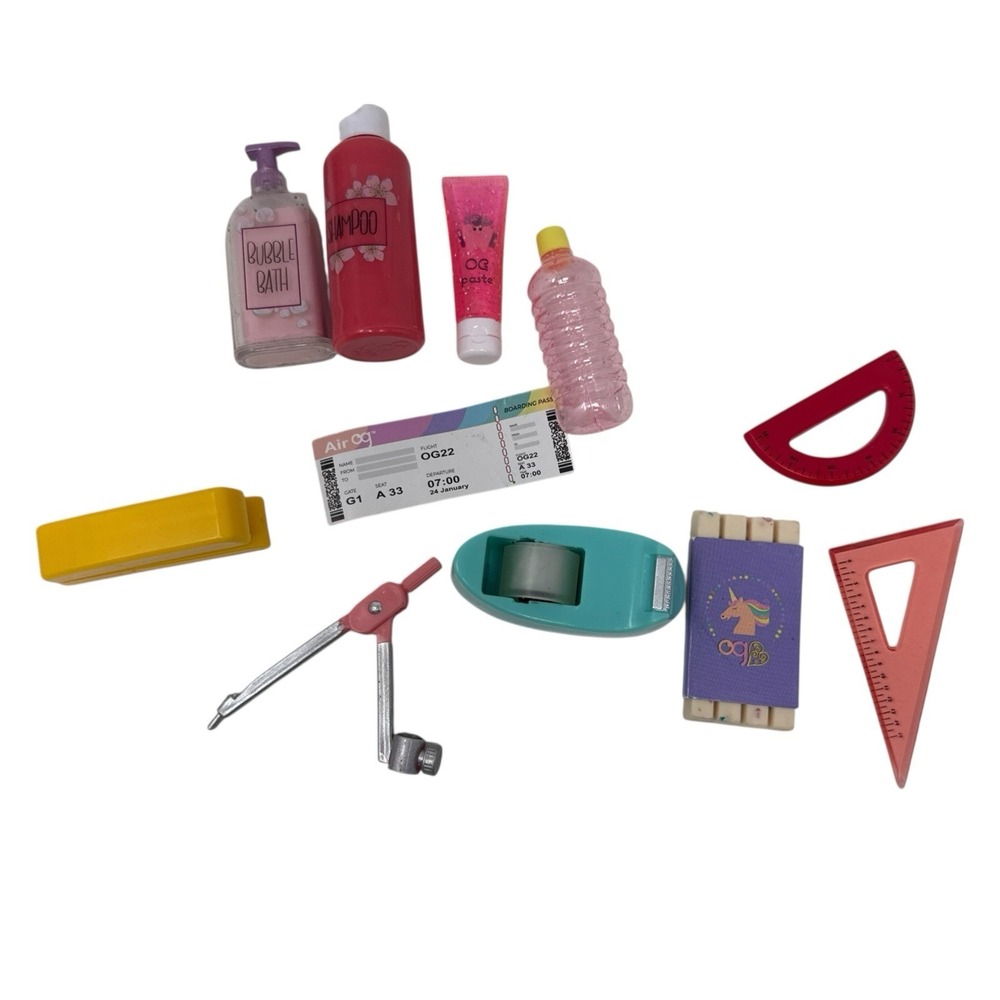 OG Dolls Accessories Lot Tiny School Pieces & Toiletries Stapler Body Wash etc..